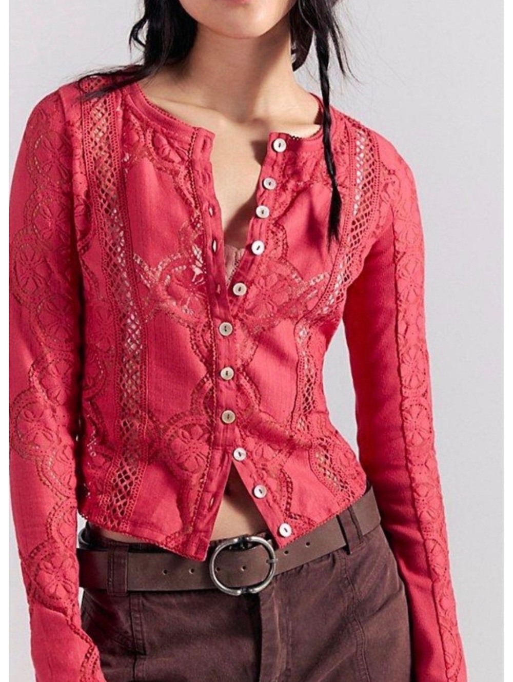 FREE PEOPLE NWT Jae lace Button Front Long Sleeve Top in Rouged Cheeks